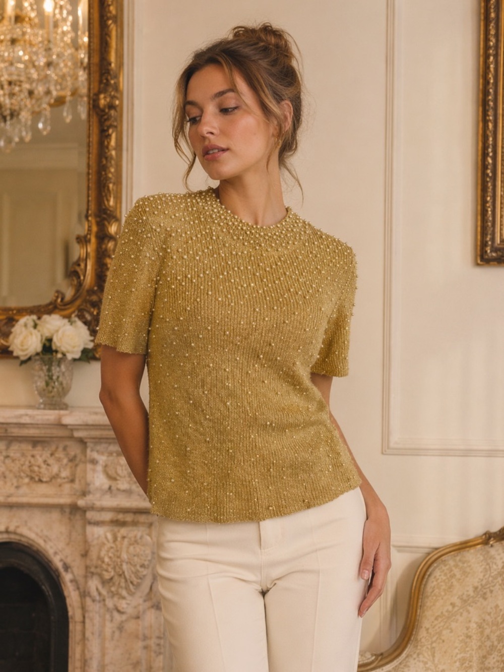 Vintage Northeast Knitters Pearlized Gold Glitter Short Sleeve Knit Sweater XL